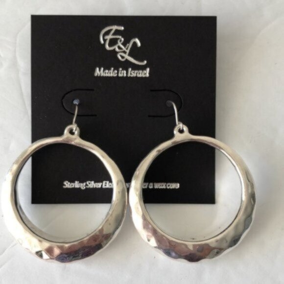 E&L Israel 925 Sterling Silver Circle Hammered Electroform Dangle Earrings - Picture 5 of 15